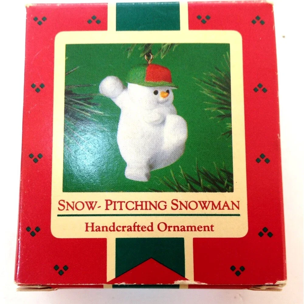 Vintage Hallmark Snow Pitching Snowman 1985 Keepsake Ornament in Original Box